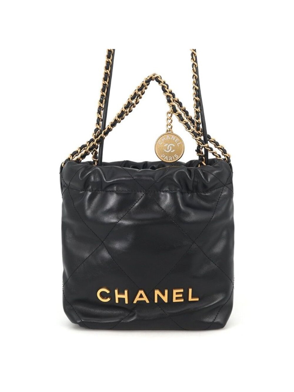 Chanel Handbag 22 Mini CC Logo Shiny Calf Leather 2-Way Shoulder Black